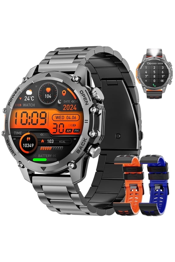 1.52-inch Men's Military smartwatch fits for Android and IPhone Devices with Fitness Tracker, Mountaineering/Talking/Hiking/100 Multi-Sport Mode, IP67 Waterproof Fitness Watch (Black)