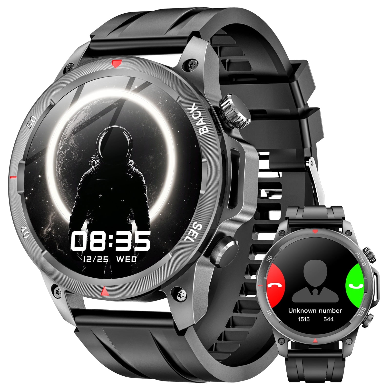 MINGWEAR 1.53-Inch Men's Military Smartwatch fits for Android and IPhone Devices with Fitness Tracker, Answer/Call/100+ Sport Modes, IP67 Waterproof Pedometer Watch (Black)