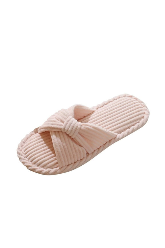 Womens Slide Slippers Corduroy Bow Cross Bands Open Toe Slippers Winter Homewear Shoes