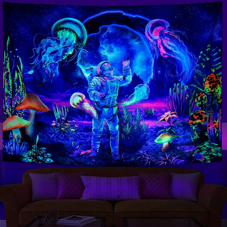 Minhin Blacklight Astronaut Tapestry UV Reactive Galaxy Tapestries Wall Hanging for Room W92 H71