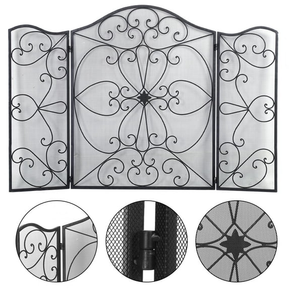 Minhui Large Size Retro Wrought Iron Casting Fireplace Screen Flower Pattern Fireplace Guard for Home 50*35.8in