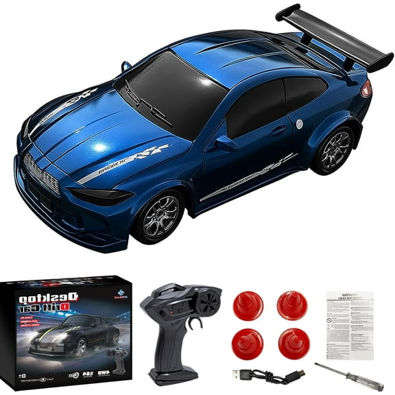 Mini – 1:64 Scale 4WD Proportional RC Drift Car, 4WD Remote Control Drift Car with LED Lights, Mini Desktop Racing Toy Gift ( Blue)Q