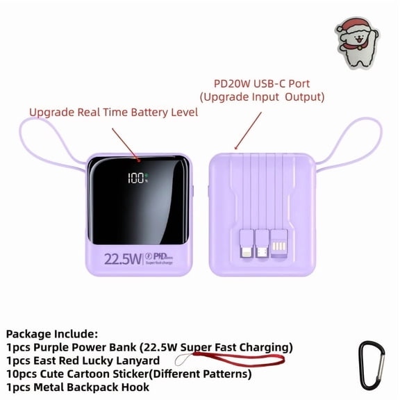 Mini 10000mAh Power Bank with Digital Display, 22.5W Super Fast Charging, Built-in 4-in-1 Cable & LED Light, Portable Phone Charger for Travel