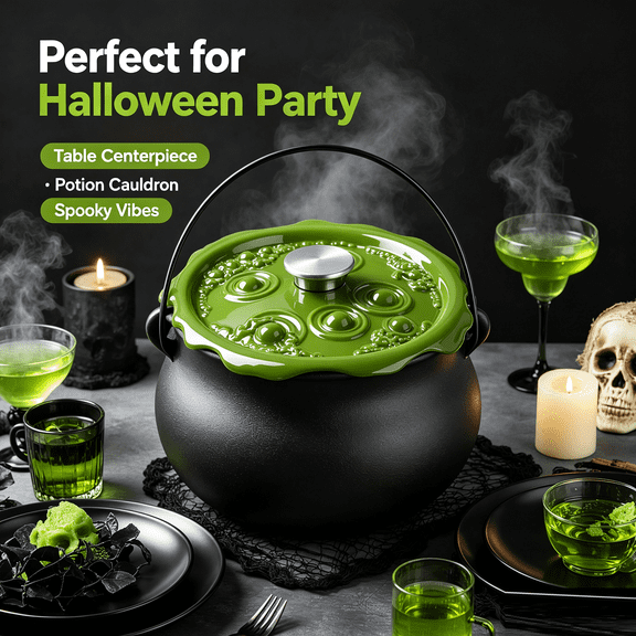 Mini 10cm Black Cast Iron Witch Cauldron with Bubbling Green Lid, Unique Small Halloween Gift for Gothic Kitchen Lovers, Witchy Decor & Condiment Pot Present, By Huiing