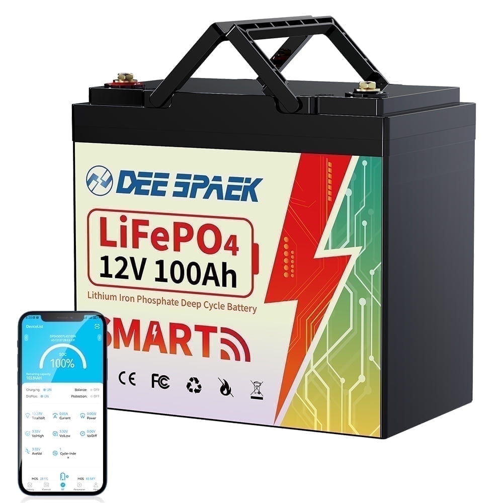 12V 100Ah Mini Lithium LiFePO4 Battery Bluetooth,for RVs,Solar,Marine,Boat,Trolling Motor,Camping,DEESPAEK Group 22NF Deep Cycle Batteries