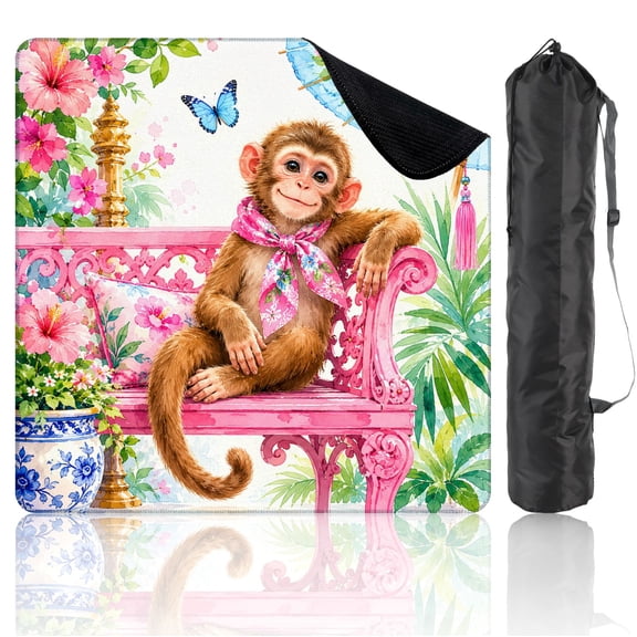Mini 21" x 21" Mahjong Mat for Travel Cute Baby Monkey Pink Floral Garden Bench Tropical Flowers Parasol Non-Slip Noise Reduction Mahjong Tiles for Dominoes Poker Card