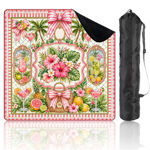 Mini 21" x 21" Mahjong Mat for Travel Tropical Floral Palm Leaves Pink Hibiscus Citrus Cocktails Non-Slip Noise Reduction Mahjong Tiles for Dominoes Poker Card
