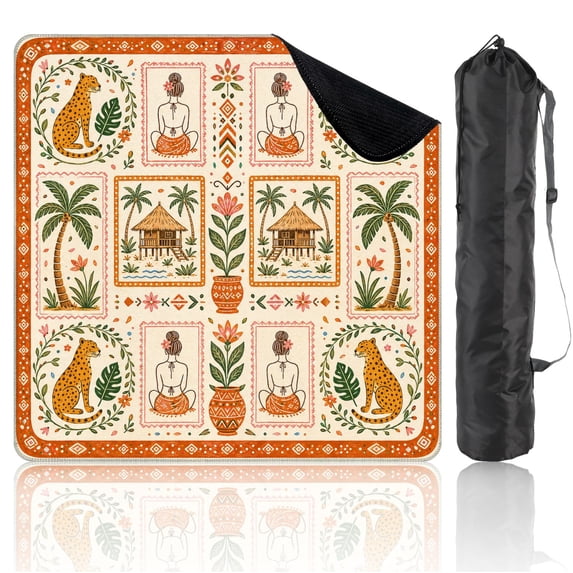 Mini 21" x 21" Mahjong Mat for Travel Tropical Palm Trees Huts Leopards Tribal Warm Tones Non-Slip Noise Reduction Mahjong Tiles for Dominoes Poker Card