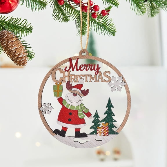 Mini 3.94" Round Wooden Hollow Christmas Ornaments Tree Decoration, Rustic Merry Christmas Hanging Ornament Wooden Hollow Blessed Words Winter Tree Wreath Decor for Farmhouse, Xmas Gift