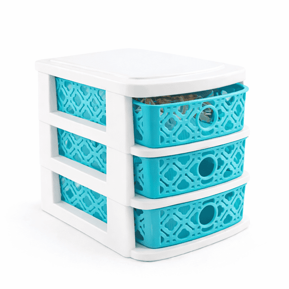 Mini 3 Drawer Plastic Organizer Turquoise Basket Weave Storage Unit for Makeup, Crafts, Office Supplies, Dorm & Bathroom, Compact Desktop Storage
