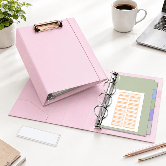 Mini 3 Ring Binder 5.5" X 8.5" 2 Inch Clipboard With Dividers Professional Leather Binders Organizer For Office School Pink