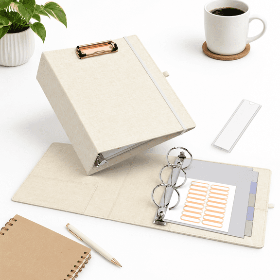 Mini 3 Ring Binder 5.5 X 8.5 2 Inch Round Clipboard Binders Dividers With Tabs Linen Small Organizer For Office Beige