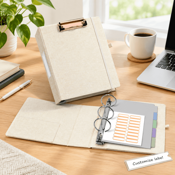 Mini 3 Ring Binder 5.5 X 8.5 2 Inch Round Clipboard Binders Dividers With Tabs Linen Small Organizer For Office Beige