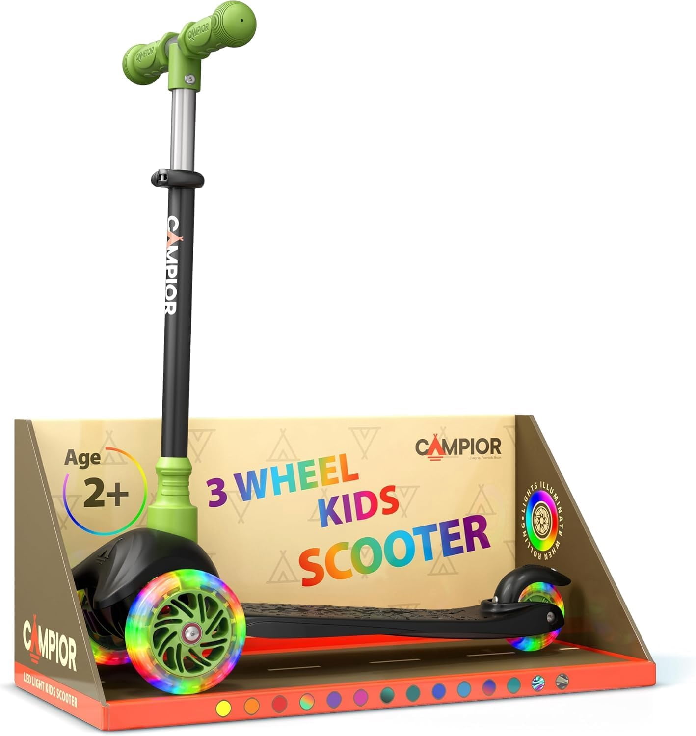 Campior Black & Green 3-Wheel Kids Scooter, Lean-to-Steer with LED Wheels, Adjustable Handlebar, Anti-Slip Deck, Rear Foot Brake, Ages 2+