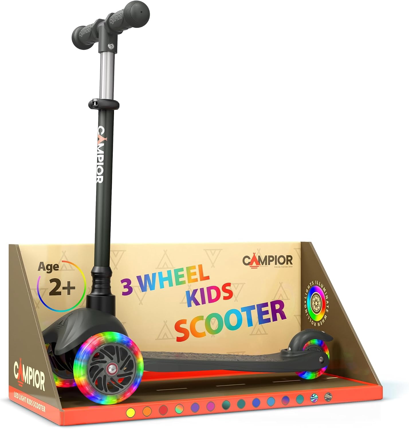 Campior Black 3-Wheel Kids Scooter, Lean-to-Steer with LED Wheels, Adjustable Handlebar, Anti-Slip Deck, Rear Foot Brake, Ages 2+