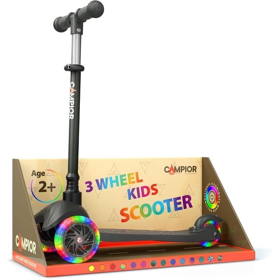 Campior Black 3-Wheel Kids Scooter, Lean-to-Steer with LED Wheels, Adjustable Handlebar, Anti-Slip Deck, Rear Foot Brake, Ages 2+