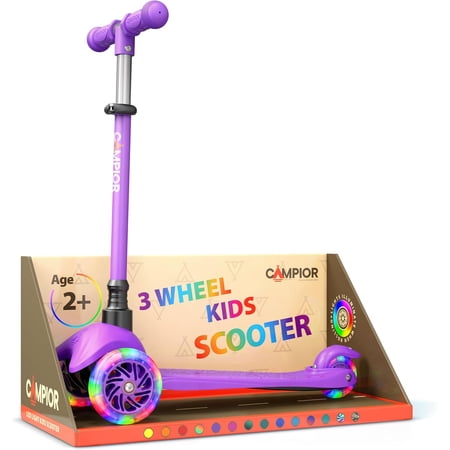 Mini 3 Wheel Kids Scooter with LED Wheels, Adjustable Handlebar, Wide Anti-Slip Deck, Smooth PU Wheels, Rear Foot Brake, Toddler Scooter for Ages 2+, Purple