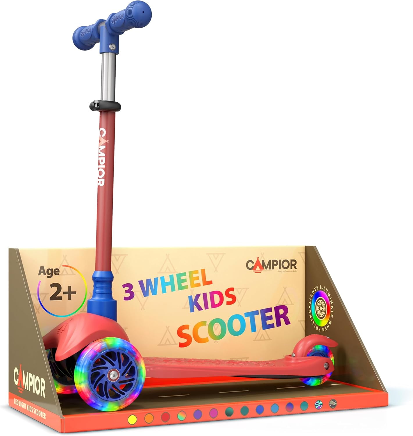 Mini 3 Wheel Kids Scooter with LED Wheels, Adjustable Handlebar, Wide Anti-Slip Deck, Smooth PU Wheels, Rear Foot Brake, Toddler Scooter for Ages 2+, Red & Blue