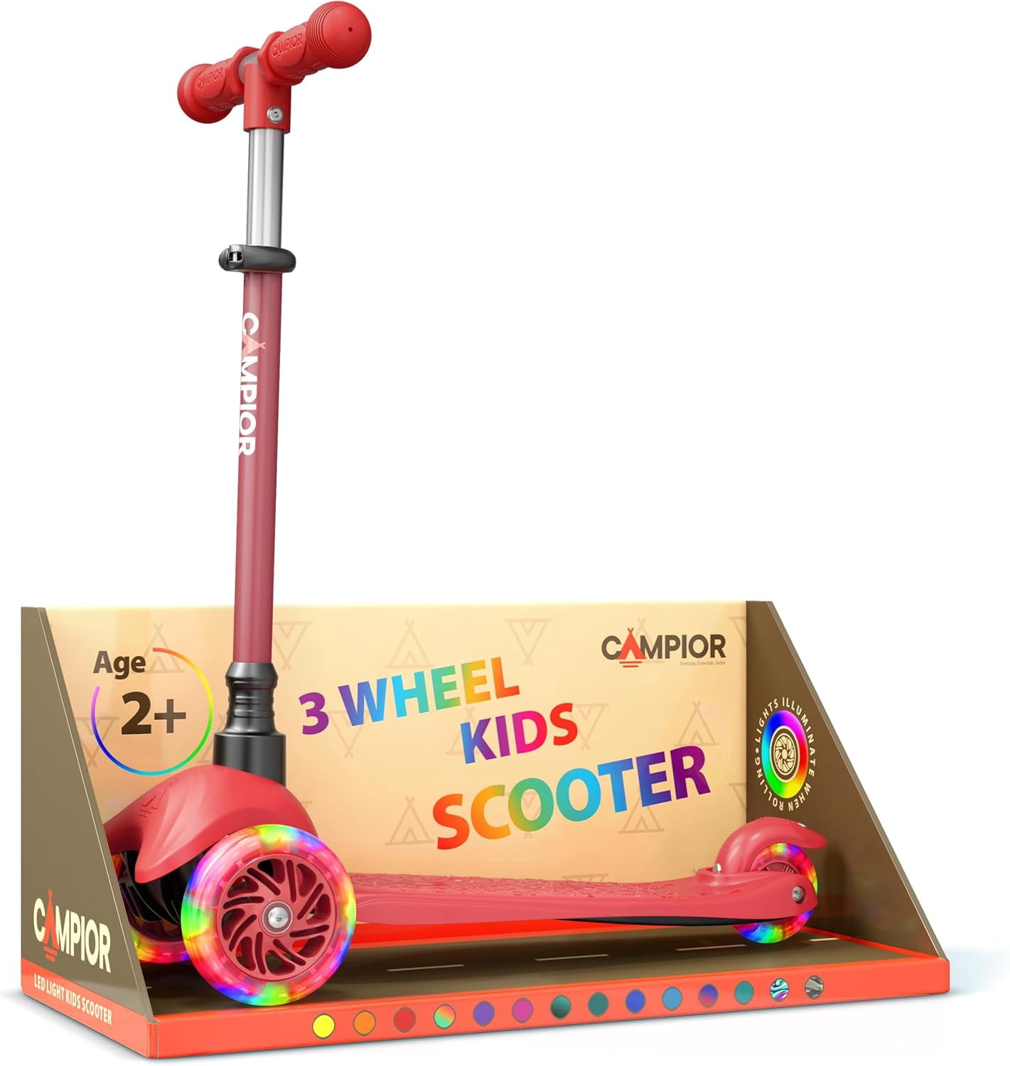 Mini 3 Wheel Kids Scooter with LED Wheels, Adjustable Handlebar, Wide Anti-Slip Deck, Smooth PU Wheels, Rear Foot Brake, Toddler Scooter for Ages 2+, Red