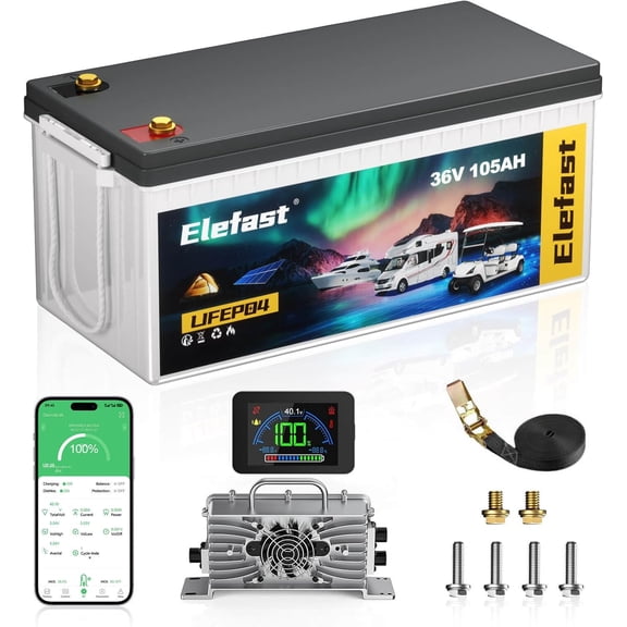 Mini 36V 105AH Lifepo4 Lithium Golf Cart Battery Kit,Built-in 43.8V 25A Fast Charger and LCD Bluetooth Display Screen,Peak Current 1000A,Up to 8000 Deep Cycle Battery,Perfect for Golf Carts,Lawnmower