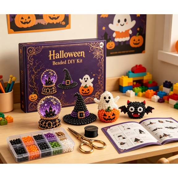Mini 3D Beaded Animal Kit, Cute Pumpkin Ghost DIY Craft Bead Embroidery Set Gift for Stress Relief, for Adults, Teenagers, and Beginners,Halloween