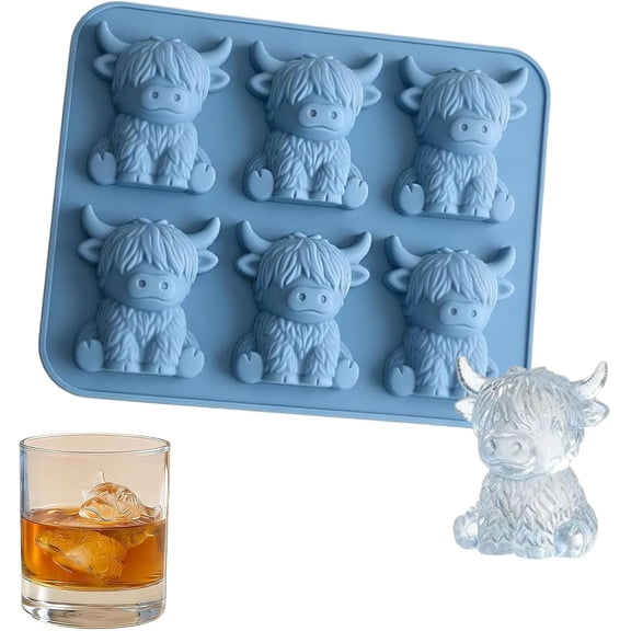 Mini 3D Highland Cow Ice Cube Mold, Food Grade Silicone Ice Cube Tray for Whiskey, Cocktails & Coffee, Reusable Farm Animal Ice Mold, Funny Novelty Gifts for Friends & Parties - 6 Cavities