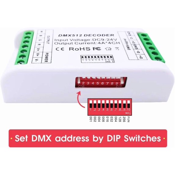 Mini 4 Channel DMX Decoder,RGBW DMX Decoder,16A RGB RGBW LED Strip Controller DMX 512 Decoder for LED Strip Module Dimmer Driver LED Decoder Controller DC9-24V