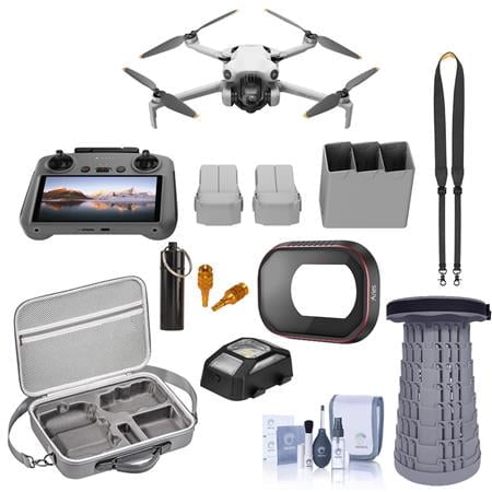 DJI Mini 4 Pro Drone Fly More Combo Plus with 3x High Capacity Batteries, Bundle with Strobe Anti-Collision Light, Portable Telescoping Stool/Chair, Joysticks, UV Filter, Lanyard Neck Strap, Cleaning