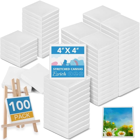 Mini 4x4 Inch Canvas Pack 100 Count Stretched Square Canvases with 2.5 Inch Profile for Painting
