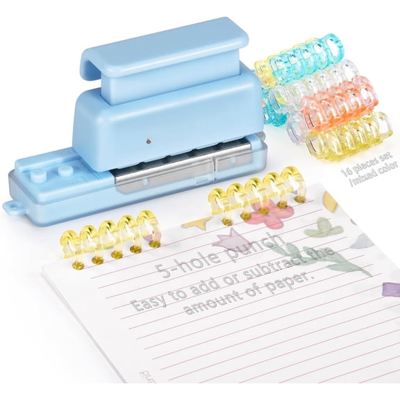Mini 5-Hole Binding Machine - 5 Holes Binding Machine with 16 Loose-Leaf Binding Strips - Easy to Add or Papers, 4 Sheets Capacity (A4/30 Holes, B5/26 Holes, A5/20 Holes) - Blue