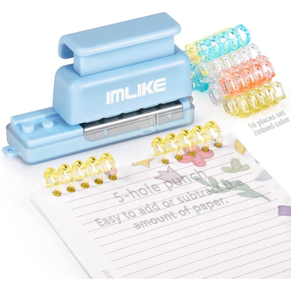 Mini 5-Hole Binding Machine -  5 Holes Binding Machine with 16 Loose-Leaf Binding Strips - Easy to Add or Remove Papers, 4 Sheets Capacity (A4/30 Holes, B5/26 Holes, A5/20 Holes) - Blue