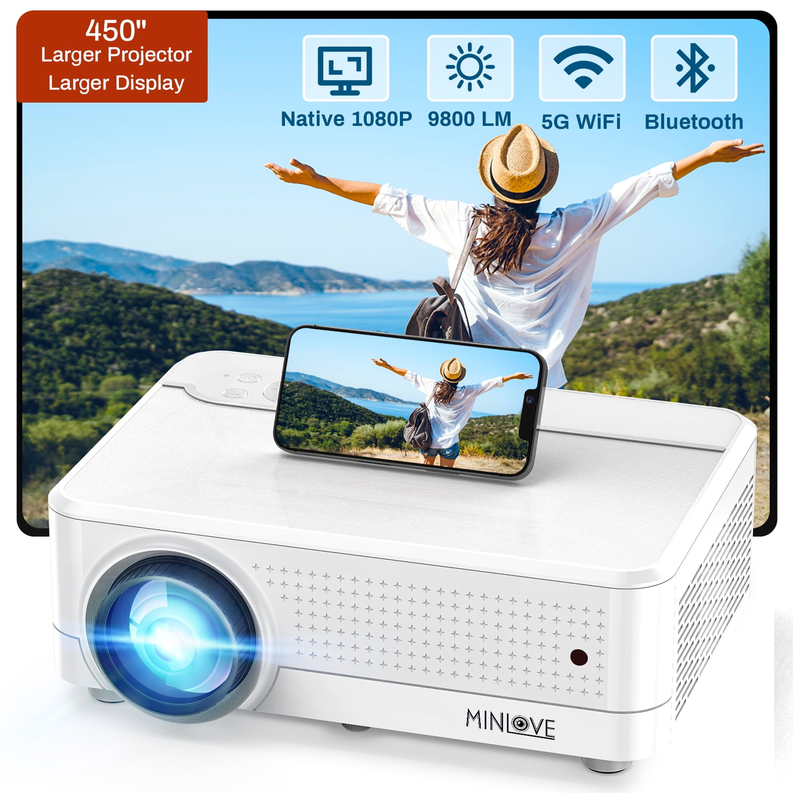 Mini 5G WiFi Projector, 4K Supported, MINLOVE Native 1080p 9800 LM FHD  Portable Movie Projector for Bedroom Ceiling Home Theater Outdoor,  Compatible with TV/HDMI/VGA/AV/USB 