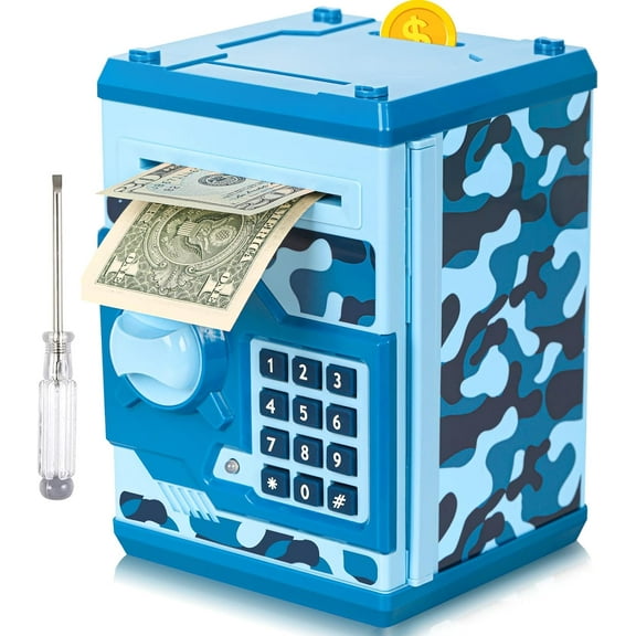 Mini ATM Coin Bank Money Saving Box with Password, Kids Safe Money Jar for Adults with Auto Grab Bill Slot, @ Great Gift Toy Bank for Kids(Camouflage Blue), # ATM Piggy Bank for Boys Girls !