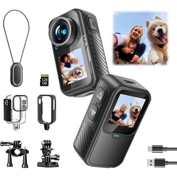 Mini Action Camera 4K | 128G Thumb  Camera with EIS Stabilization, Wearable POV Chest Camera,  for Running, Cycling, Swimming, Hiking, Outdoor Adventures