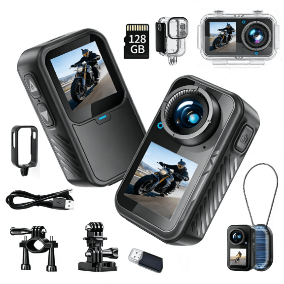 Mini Action Camera 5K Dual Screen,128G Thumb Sports Camera with EIS Stabilization, Wearable POV Chest Camera,Waterproof for Running Cycling Swimming Hiking Adventures Motorcycle