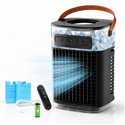 Aerozy Mini Portable Evaporative Air Cooler, 5400mAh Battery, 1200ml Water Tank, 3 Speeds, 2 Mist Modes, 7-Hour Timer, Remote Control