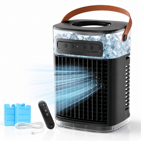 Aerozy Mini Evaporative Air Cooler, 1200ml Water Tank, 3 Speeds, 2 Mist Modes, 7-Hour Timer, Remote Control, 7-Color Light