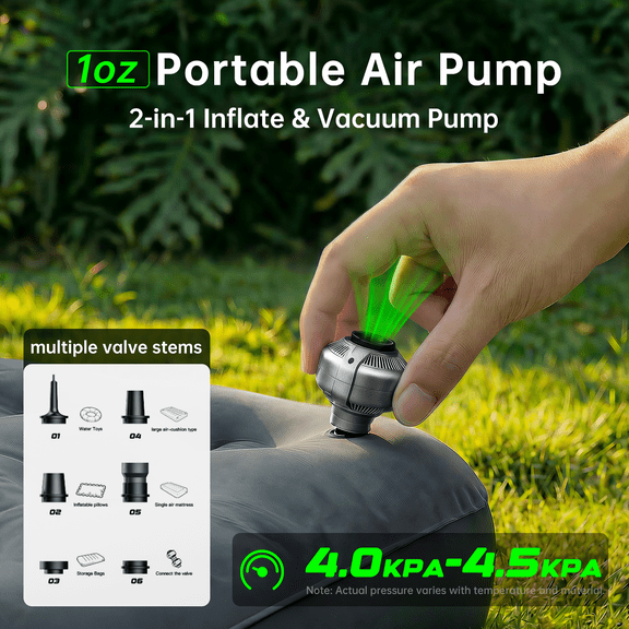 The 1 oz Portable Air Pump - Low-Noise 2-in-1 Inflator & Deflator for Air Mattress, Pool Floats, Camping. Includes 5 Nozzles