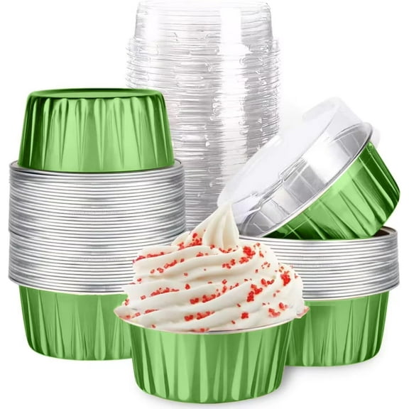 Mini Aluminum Foil Cupcake Baking Cups with Lids (40pcs, 5oz) Round Cupcake Foil Liners Tart Pie Tin Pan Holder - Disposable Mini Cake Containers Flan Molds for Pudding, Souffle, Party, Wedding
