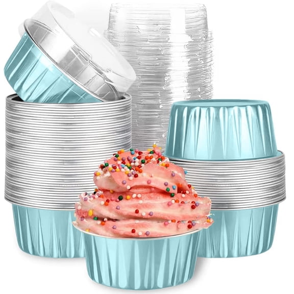 Mini Aluminum Foil Cupcake Baking Cups with Lids (40pcs, 5oz) Round Cupcake Foil Liners Tart Pie Tin Pan Holder - Disposable Mini Cake Containers Flan Molds for Pudding, Souffle, Party, Wedding