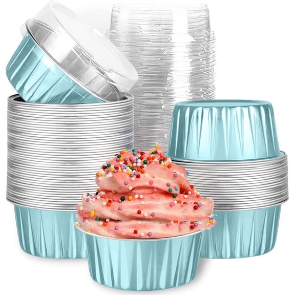 Mini Aluminum Foil Cupcake Baking Cups with Lids (50pcs, 5oz) Round Cupcake Foil Liners Tart Pie Tin Pan Holder - Disposable Mini Cake Containers Flan Molds for Pudding, Souffle, Party, Wedding