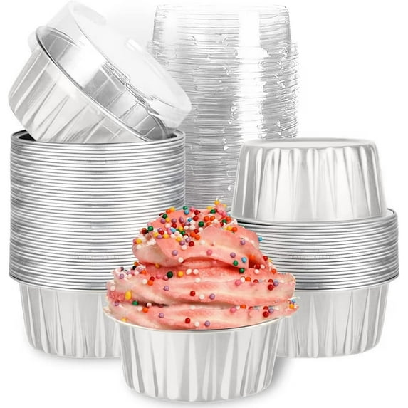 Mini Aluminum Foil Cupcake Baking Cups with Lids (50pcs, 5oz) Round Cupcake Foil Liners Tart Pie Tin Pan Holder - Disposable Mini Cake Containers Flan Molds for Pudding, Souffle, Party, Wedding