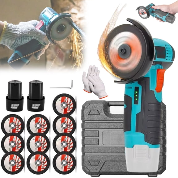 Mini Angle Grinder Without Brushes  12V 19500RPM Portable Handheld Cordless Angle Grinder Tool with 2 Batteries & 76mm Cutting Wheels for Metal Tile PVC,A