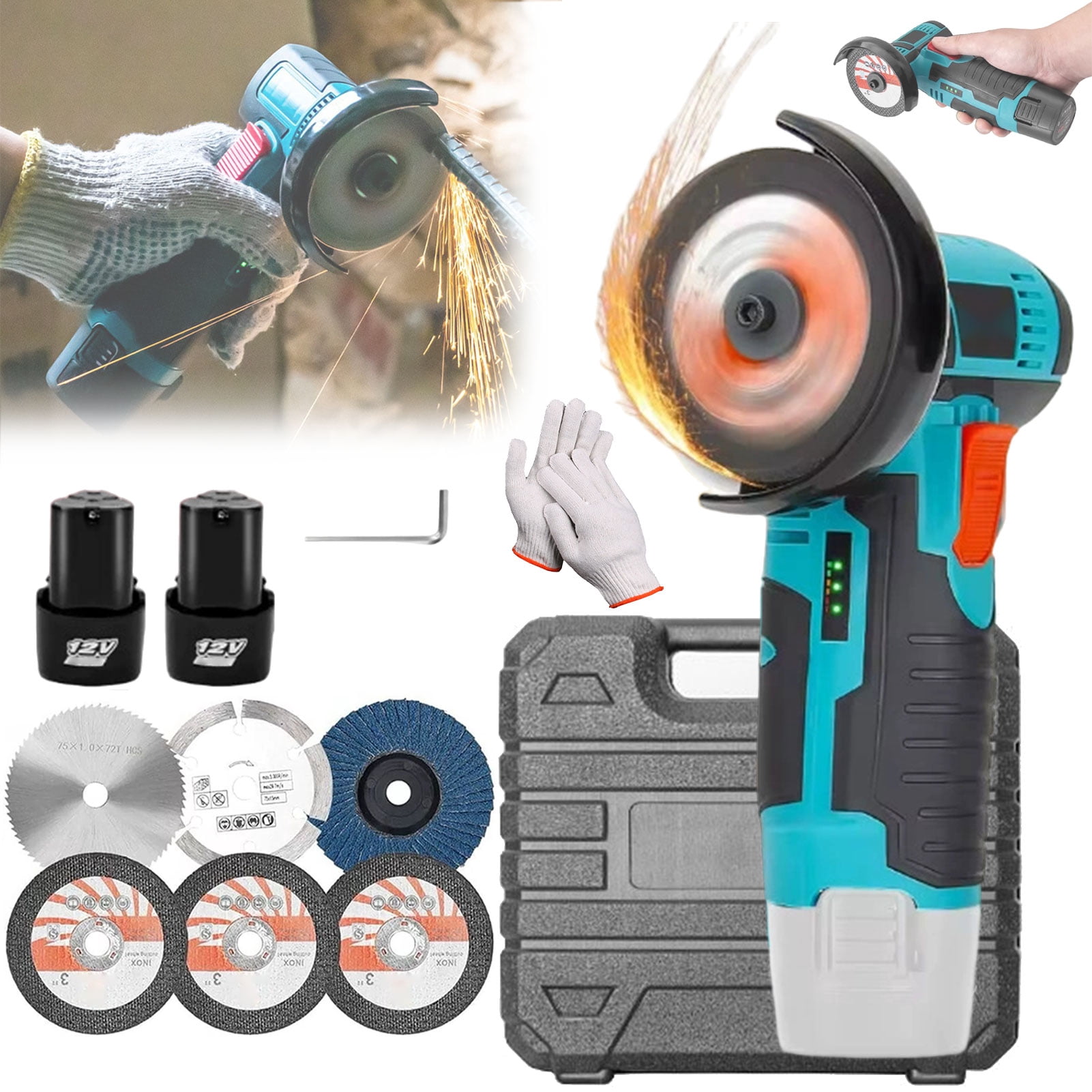 Mini Angle Grinder Without Brushes – 12V 19500RPM Portable Handheld Cordless Angle Grinder Tool with 2 Batteries & 76mm Cutting Wheels for Metal Tile PVC,B