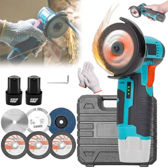 Mini Angle Grinder Without Brushes 12V 19500RPM Portable Handheld Cordless Angle Grinder Tool with 2 Batteries & 76mm Cutting Wheels for Metal Tile PVC,B