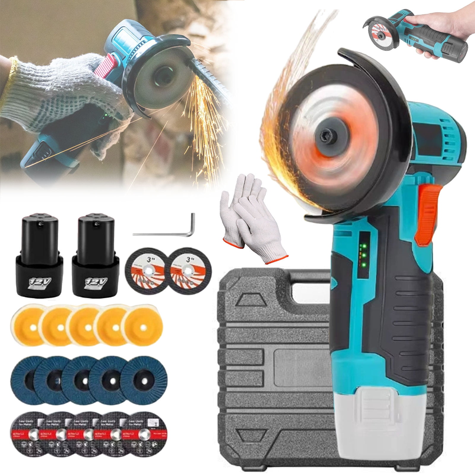 Mini Angle Grinder Without Brushes – 12V 19500RPM Portable Handheld Cordless Angle Grinder Tool with 2 Batteries & 76mm Cutting Wheels for Metal Tile PVC,C