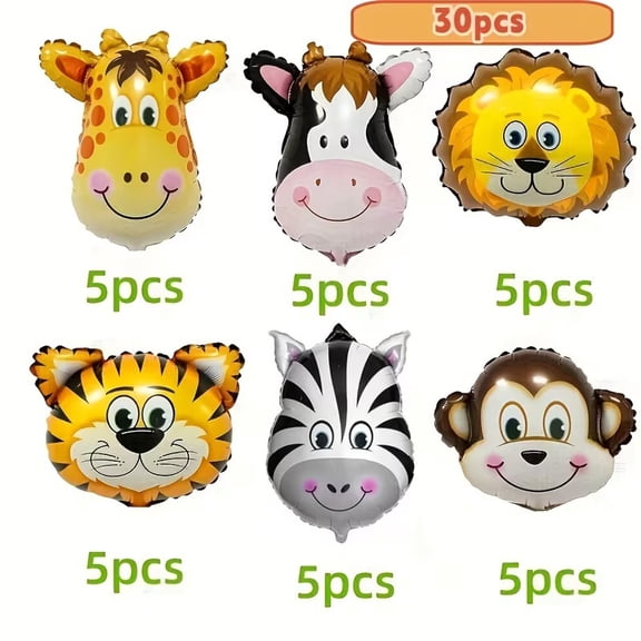 Mini Animal Head Aluminum Foil Balloons Set - 12/30pcs - Perfect for Jungle Theme Party Decorations