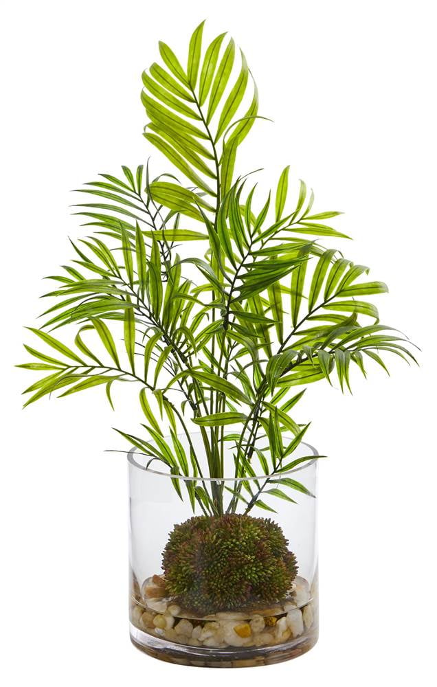 Mini Green Areca Palm Artificial Plant in Clear Vase