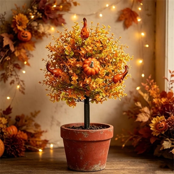 Mini Artificial Autumn Tree, Small Fake Fall Plant with Orange Yellow Leaves, 8.6 Inch Decorative Faux Foliage for Halloween Table Centerpiece, Desk Shelf Mantel Home Office Seasonal Decor