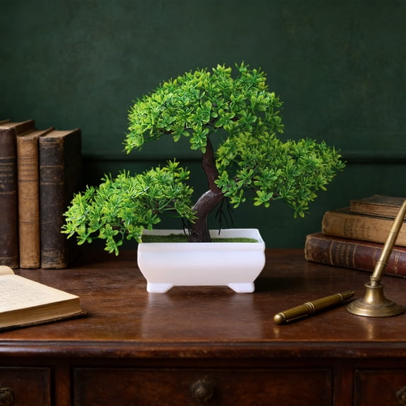 Mini Artificial Bonsai Tree Plant - Office Restaurant Table Centerpieces Windowsill Decor with Plastic Cement Basin